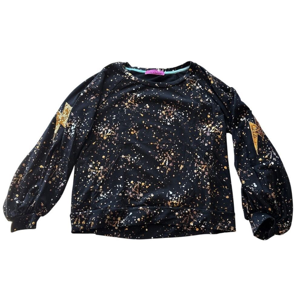 Melissa Masse Black Gold Foil Star Splatter Sweatshirt Balloon Sleeve